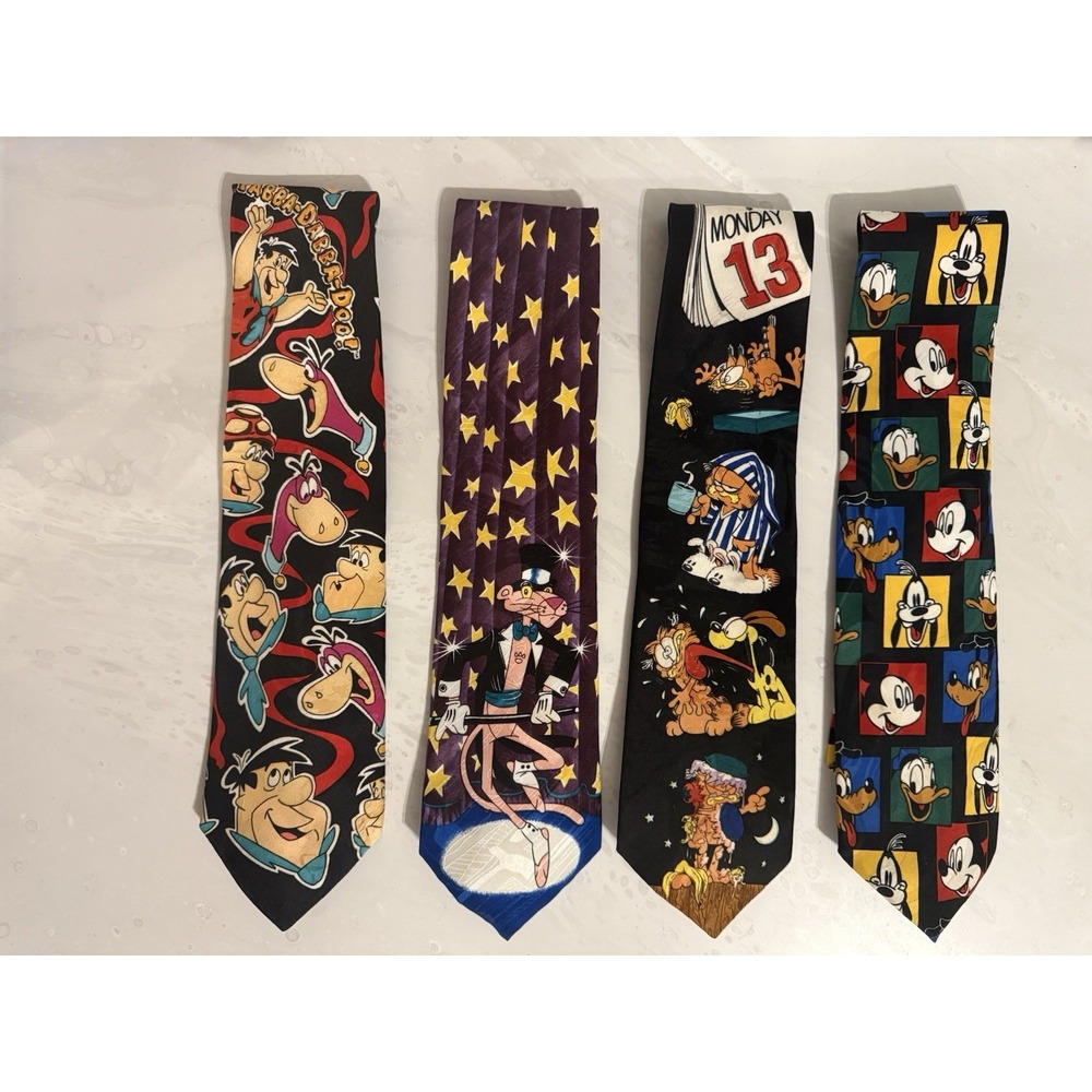 Vintage 90s Cartoon Tie Bundle Flintstones Pink Panther Garfield Disney 4pc Lot